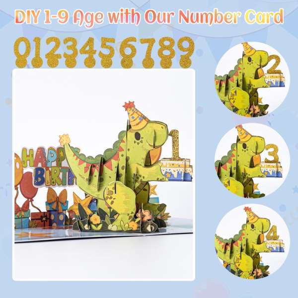 HOMANGA Dinosaur Birthday Card for Boys Girls Kids, Dinosaur Birthday Card for 1/2/3/4/5/6/7/8/9 Year-Old Boys - Image 3