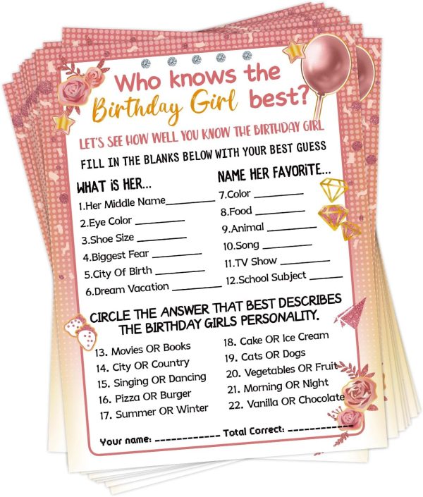 HOMANGA Who Knows The Birthday Girl Best, Birthday Would She Rather, Birthday Game Cards for Girls Her Sleepover Party - 6x8 inch Set of 30 (Pink & Rose, Double-Sided)