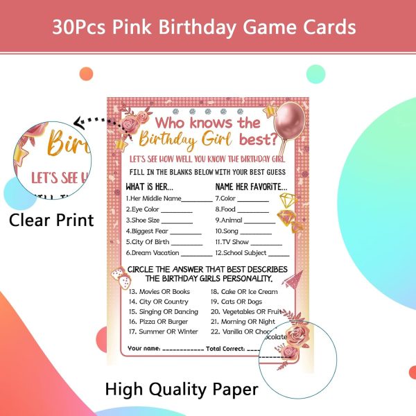 HOMANGA Who Knows The Birthday Girl Best, Birthday Would She Rather, Birthday Game Cards for Girls Her Sleepover Party - 6x8 inch Set of 30 (Pink & Rose, Double-Sided) - Image 3